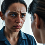 A social worker facing a complex ethical dilemma in a domestic violence case, looking conflicted but determined, with AI-generated ethical guidelines faintly visible in the background.