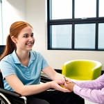 **

A friendly rehabilitation counselor in a modern office setting, engaged in a supportive conversation with a young adult with a physical disability.  Focus on empathy and encouragement.  Include assistive technology in the background.  Bright and hopeful lighting.

**