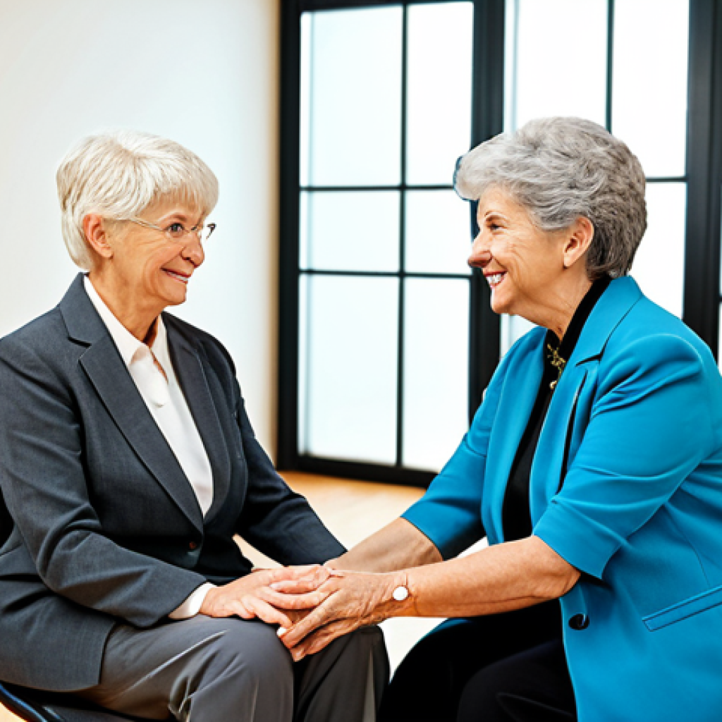 A compassionate female rehabilitation counselor, fully clothed in a modest professional business suit, is gently guiding an elderly male client through an encouraging, seated exercise. Their faces show genuine connection and empathetic expressions, with the focus on the supportive interaction. The scene is set in a bright, modern, and warm rehabilitation center, with soft natural light. Professional photography, high quality, perfect anatomy, correct proportions, natural pose, well-formed hands, proper finger count, natural body proportions, safe for work, appropriate content, fully clothed, professional, family-friendly.