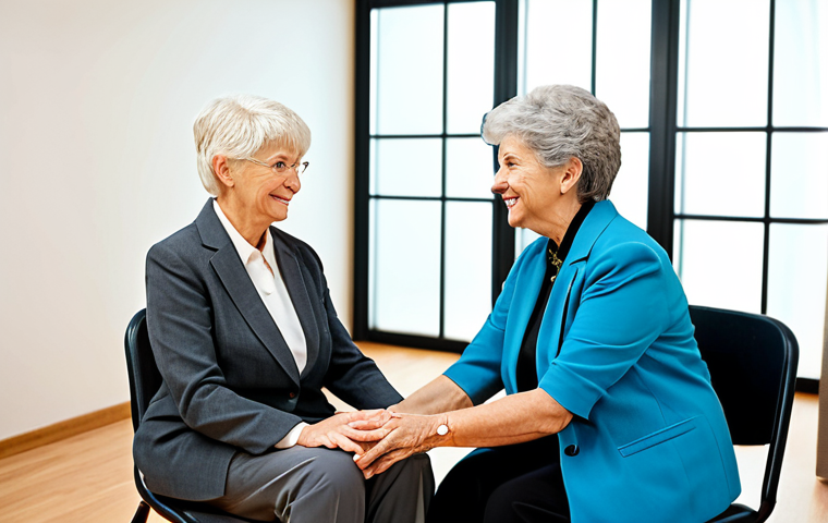 A compassionate female rehabilitation counselor, fully clothed in a modest professional business suit, is gently guiding an elderly male client through an encouraging, seated exercise. Their faces show genuine connection and empathetic expressions, with the focus on the supportive interaction. The scene is set in a bright, modern, and warm rehabilitation center, with soft natural light. Professional photography, high quality, perfect anatomy, correct proportions, natural pose, well-formed hands, proper finger count, natural body proportions, safe for work, appropriate content, fully clothed, professional, family-friendly.