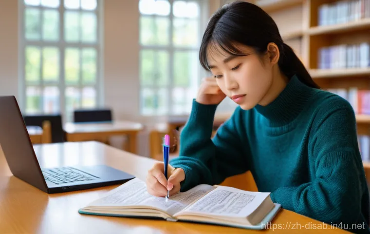 장애인재활상담사 필기시험 공부법 - **Prompt: Focused Individual Study Session**
    A highly detailed, photo-realistic image of a young...