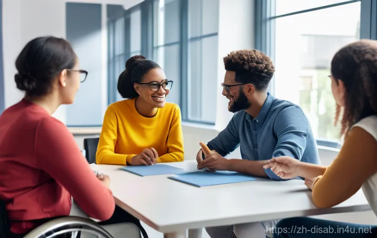 장애인재활상담사 사례관리 - **Prompt:** A diverse group of individuals with various physical disabilities (e.g., some in modern,...